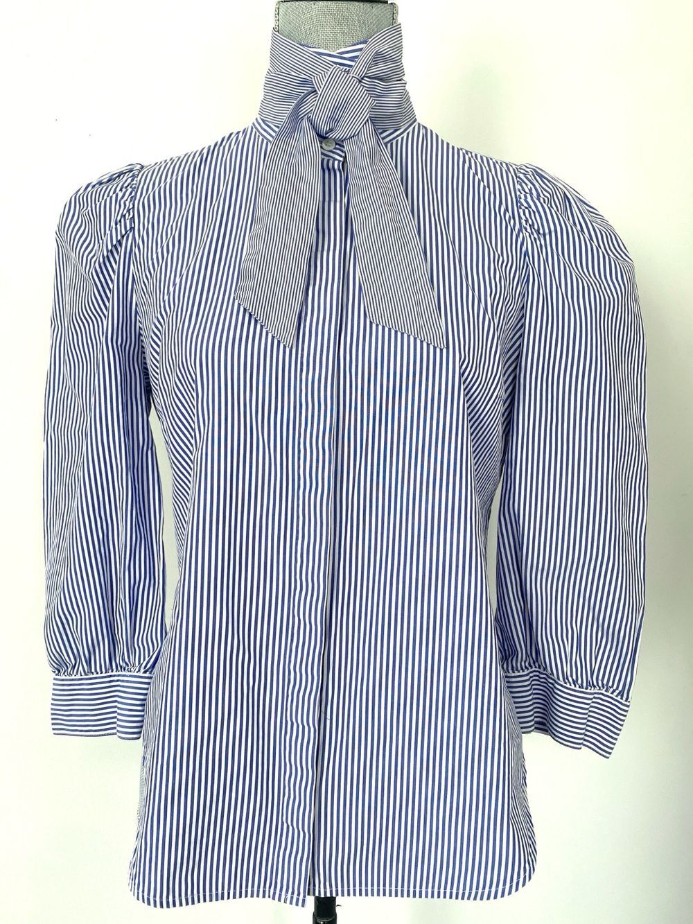 J. Crew x Thomas Mason Blue/White Striped Bow-Tie Blouse Sz 8 Puff Sleeve Preppy - Picture 2 of 13